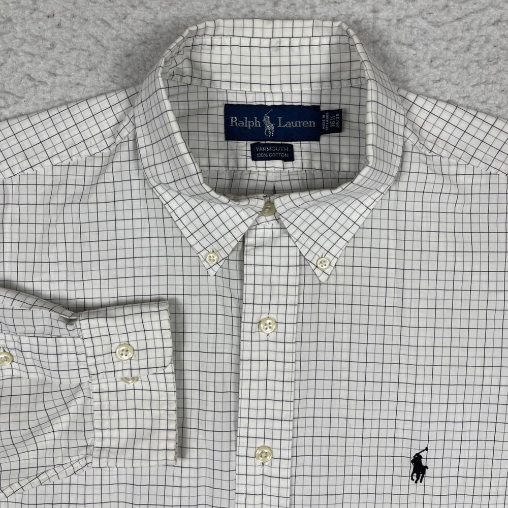 Ralph Lauren Yarmouth Shirt Mens 16.5 34/35 White Blue Check Button Down Cotton